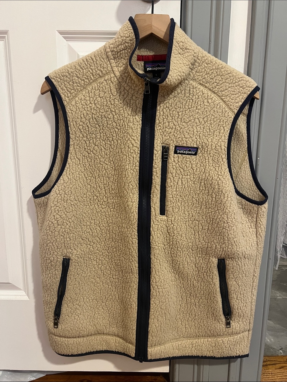 Patagonia Cream Sherpa Vest with Navy Trim Accents